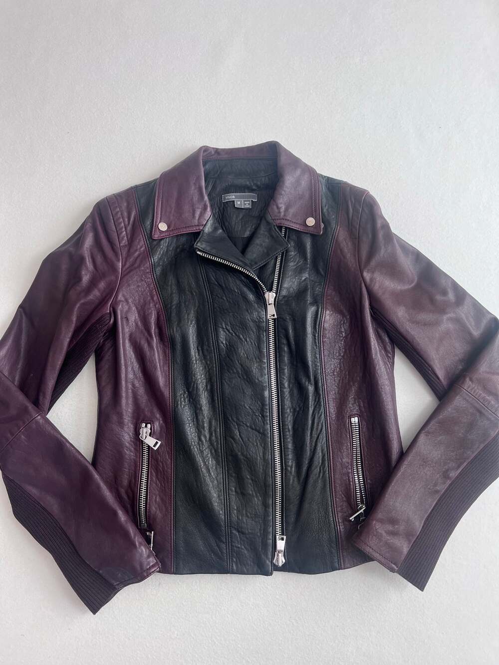 Vince Women's M Burgundy Black Colorblock 100% Lamb Leather Moto Jacket
